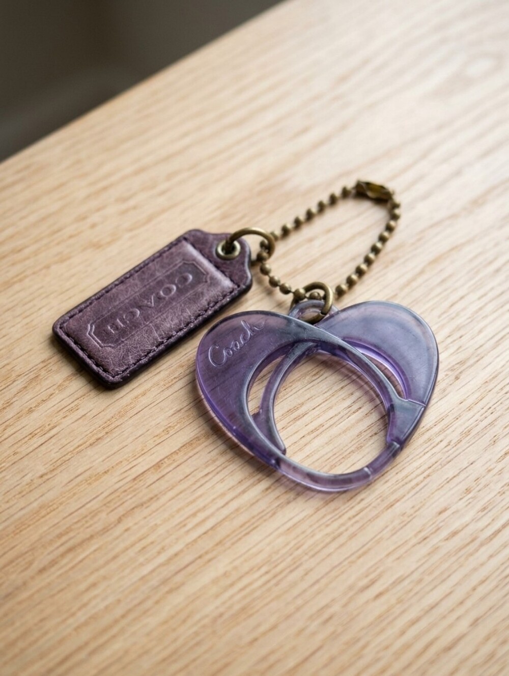 Vintage Coach Poppy Purple Acrylic Heart & Leather Hangtag Bag Charm Keychain